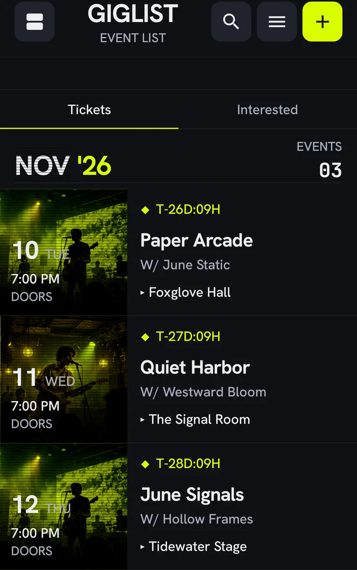 Giglist groups concert tickets by month, with each show's date, artwork, and venue.